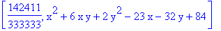 [142411/333333, x^2+6*x*y+2*y^2-23*x-32*y+84]